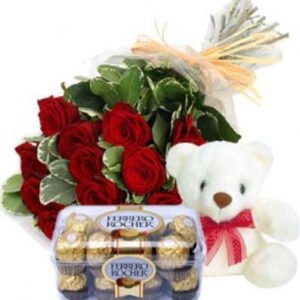 12 Red Roses Bunch and 6 Inches Teddy Bear