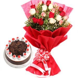 Black Forest Cake Half Kg with 6 Mix Roses Bunch