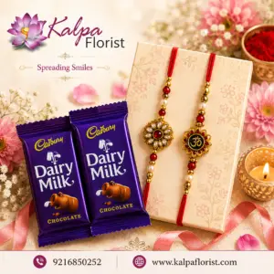Elegant Rakhi gift hamper with decorative rakhis and Cadbury chocolates for Raksha Bandhan by Kalpa Florist