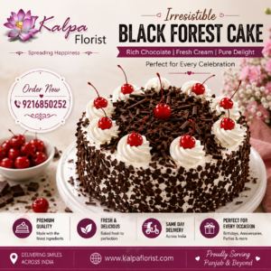 Fresh Black Forest Cake topped with whipped cream, cherries and chocolate flakes available for online cake delivery across India from Kalpa Florist.