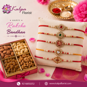 Premium set of 5 designer Rakhis with assorted dry fruits gift box for Raksha Bandhan. Send Rakhi online across India with fast delivery from Kalpa Florist.
