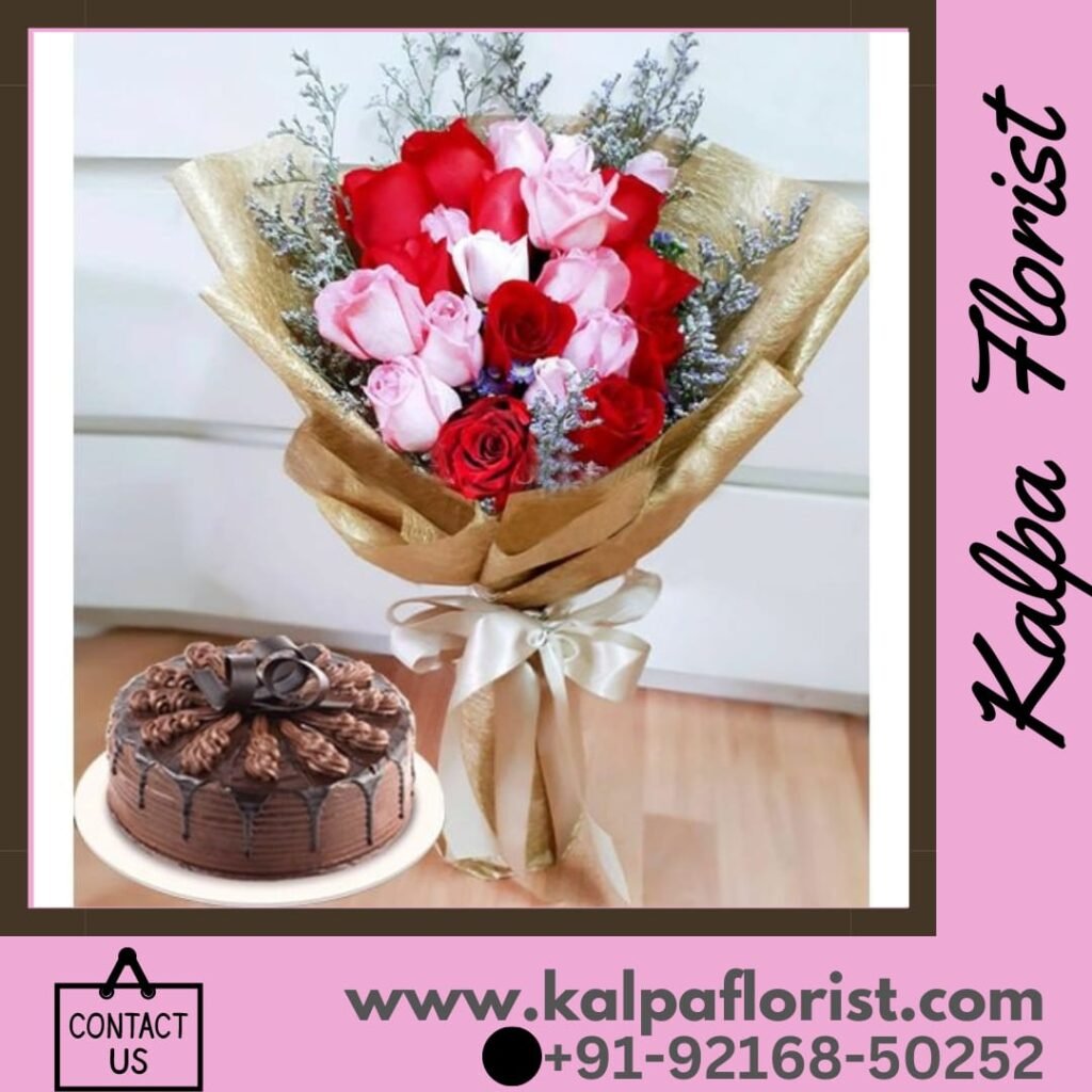 Roses And Chocolate Cake ( Flower and Cake Delivery In Amritsar )