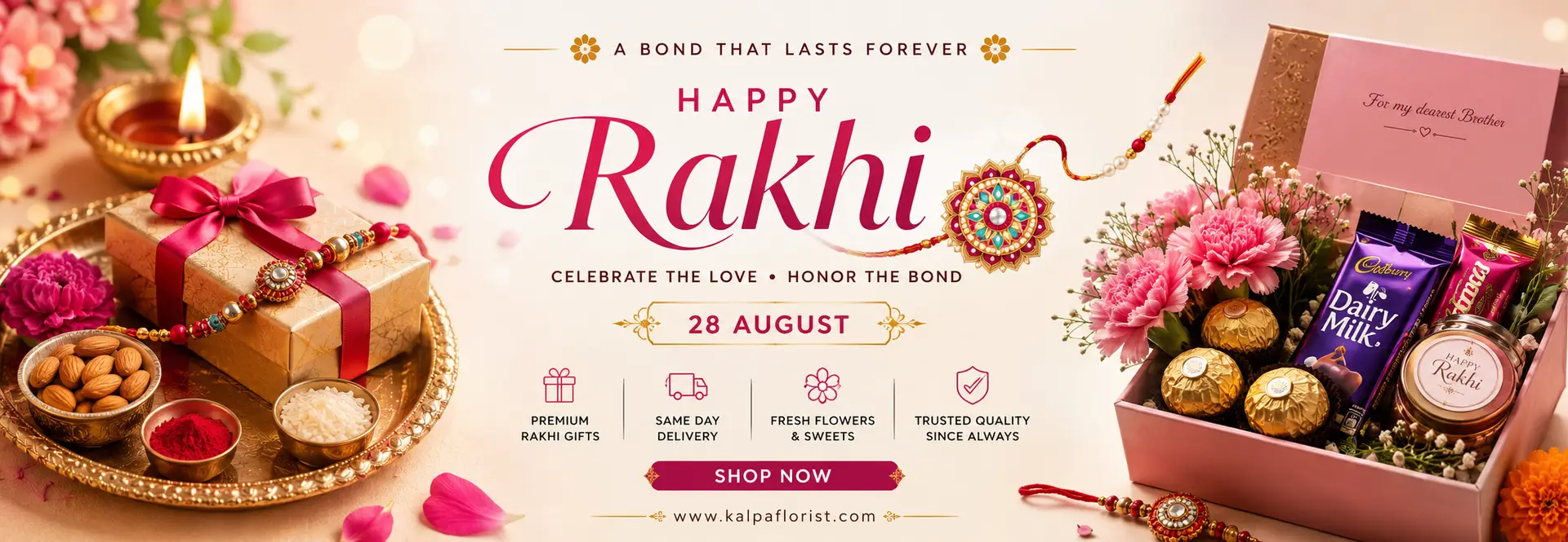 Premium Rakhi Dry Fruits Gift Tray with designer Rakhi set, almonds, cashews, pistachios and raisins by Kalpa Florist for Raksha Bandhan delivery across India