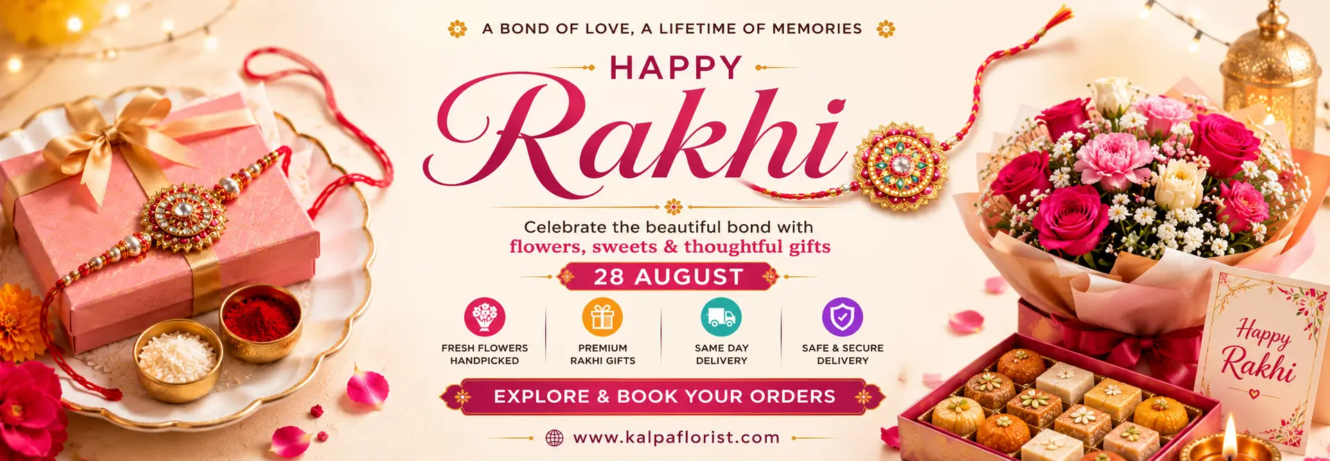Premium Rakhi gift set with beautiful rakhis and Cadbury Dairy Milk chocolates by Kalpa Florist for Raksha Bandhan delivery across India