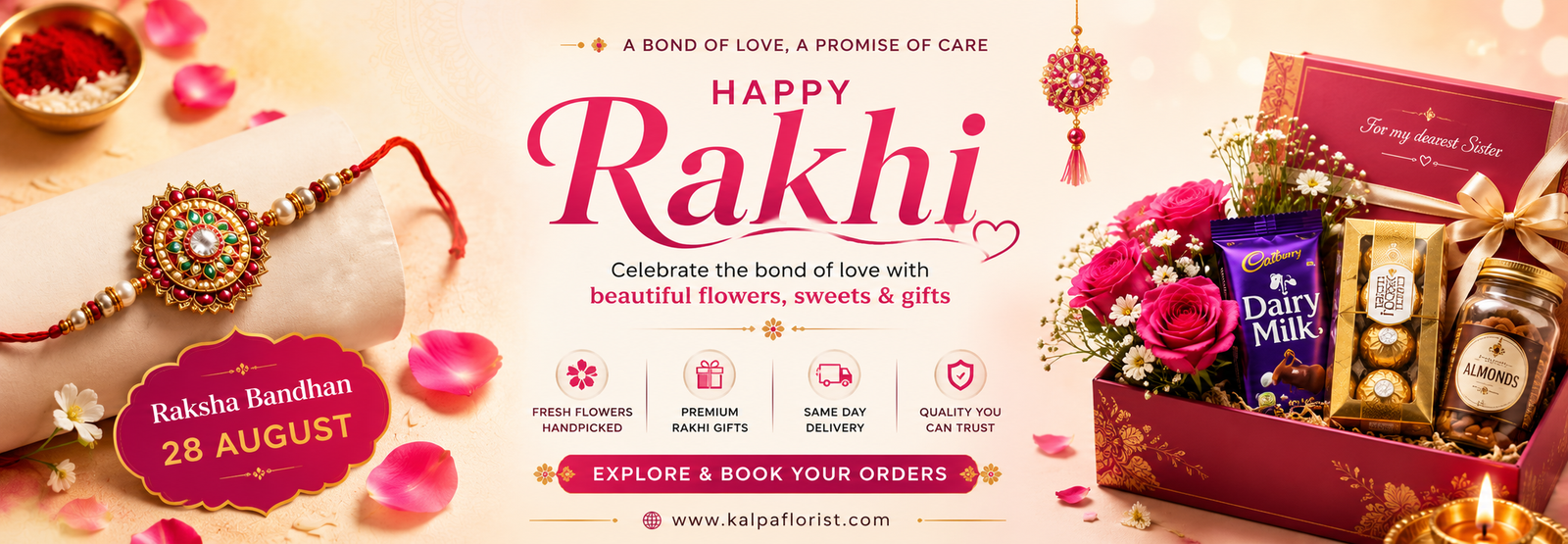 Premium Rakhi gift set with beautiful rakhis and Cadbury Dairy Milk chocolates by Kalpa Florist for Raksha Bandhan delivery across India