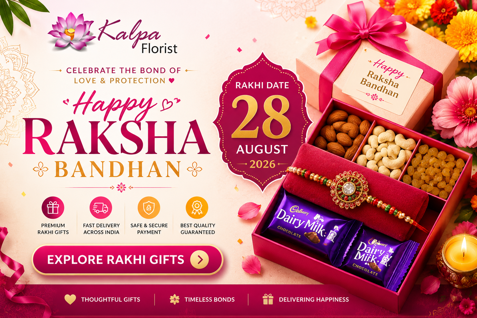 Send Rakhi to India with premium Rakhi gifts, chocolates, dry fruits, flowers, cakes, and gift hampers from Kalpa Florist for Raksha Bandhan 2026