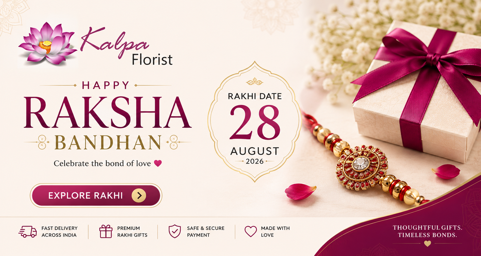Send Rakhi to India with premium Rakhi gifts, chocolates, dry fruits, flowers, cakes, and gift hampers from Kalpa Florist