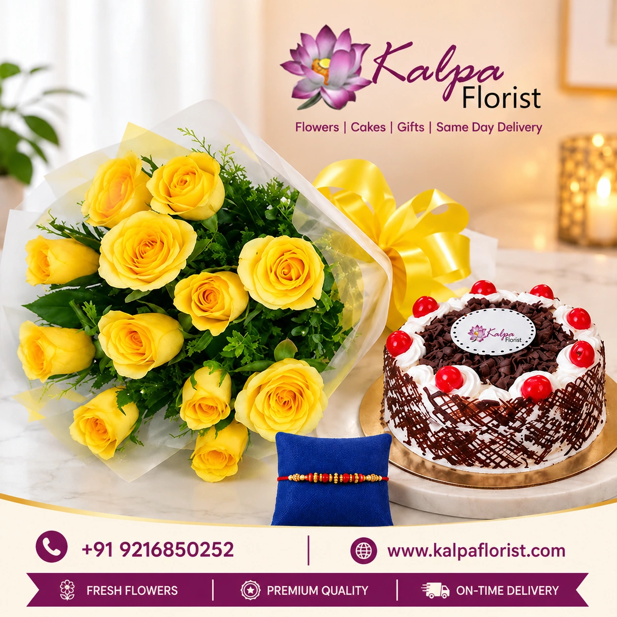Yellow Roses Bouquet with Half Kg Black Forest Cake and Designer Rakhi Gift Combo for Raksha Bandhan by Kalpa Florist
