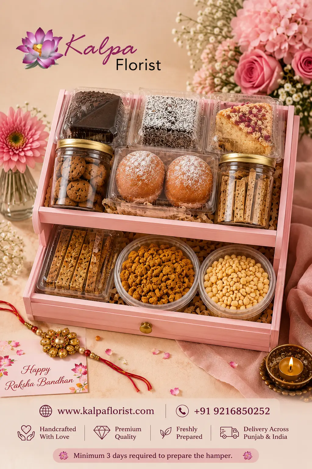 Premium Rakhi gift hamper online by Kalpa Florist featuring handcrafted cakes, cookies, gourmet snacks and festive gifting for Raksha Bandhan with delivery across Punjab and India.
