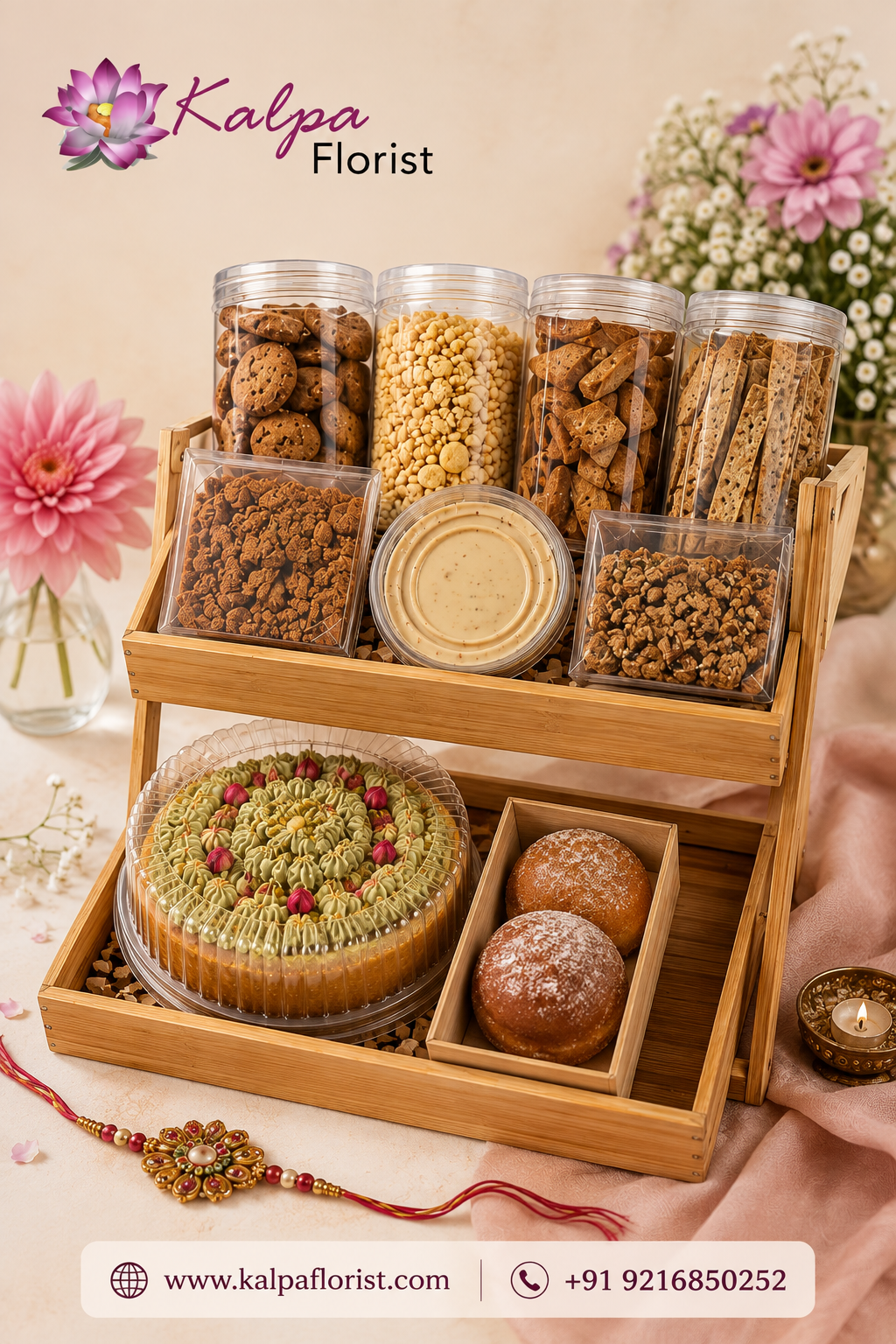Premium gift hamper online in Punjab by Kalpa Florist featuring gourmet snacks, cookies, cake and luxury gifting for Rakhi, birthdays, anniversaries and special occasions with delivery across Punjab.