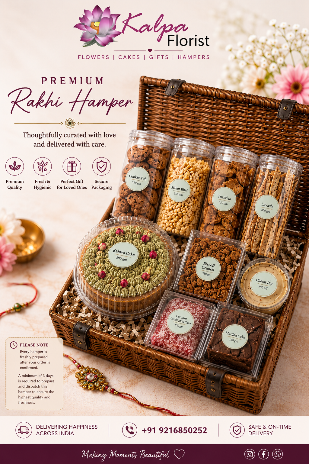Premium Rakhi Hamper with gourmet snacks and cakes by Kalpa Florist for Raksha Bandhan delivery across Punjab and India